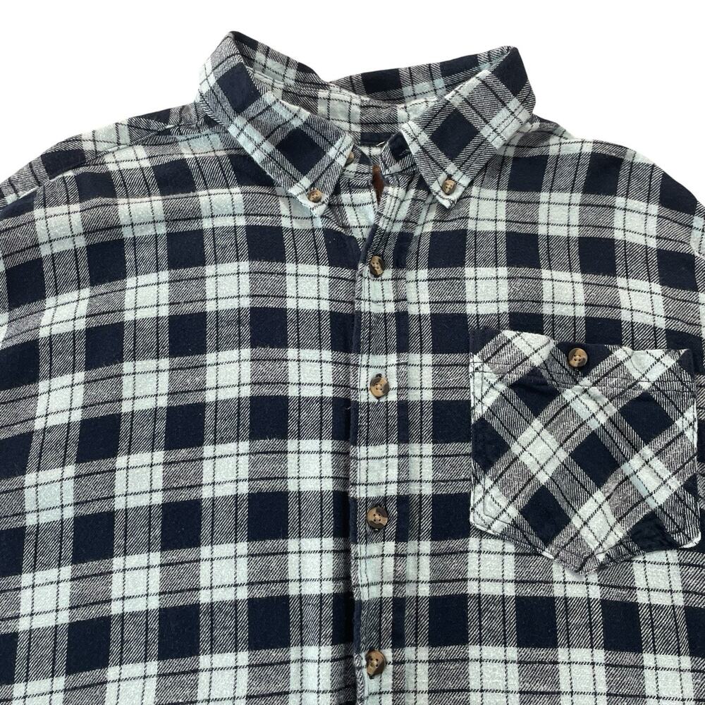 Ranch Tough Flannel Button Down Shirt Men's L Blue Plaid Long Tail 100% Cotton